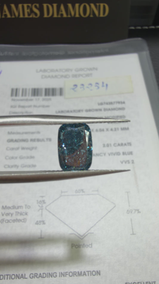 2.01ct Cushion Modified Brilliant Lab Grown Diamond (Fancy Vivid Blue, VVS2, IGI Certified)