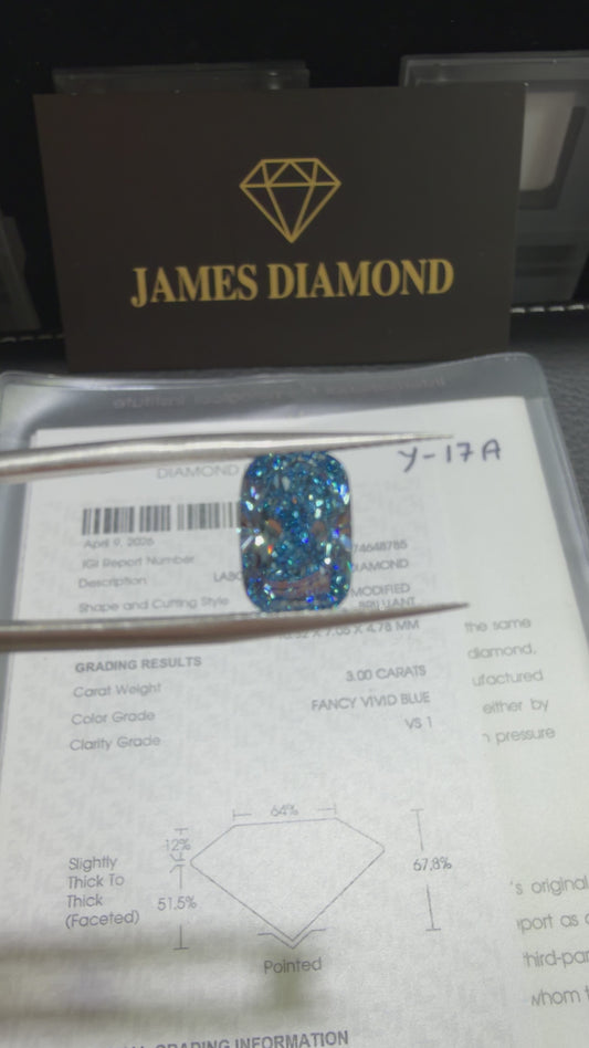 3.00ct Cushion Modified Brilliant Lab Grown Diamond (Fancy Vivid Blue, VS1, IGI Certified)