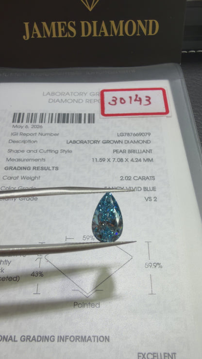 2.02ct Pear Brilliant Lab Grown Diamond (Fancy Vivid Blue, VS2, IGI Certified)
