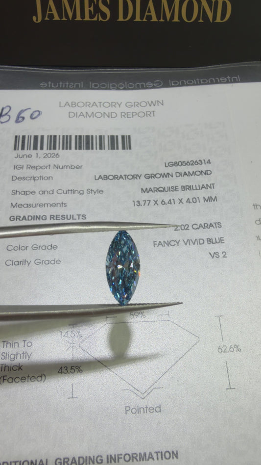 2.02ct Marquise Brilliant Lab Grown Diamond (Fancy Vivid Blue, VS2, IGI Certified)