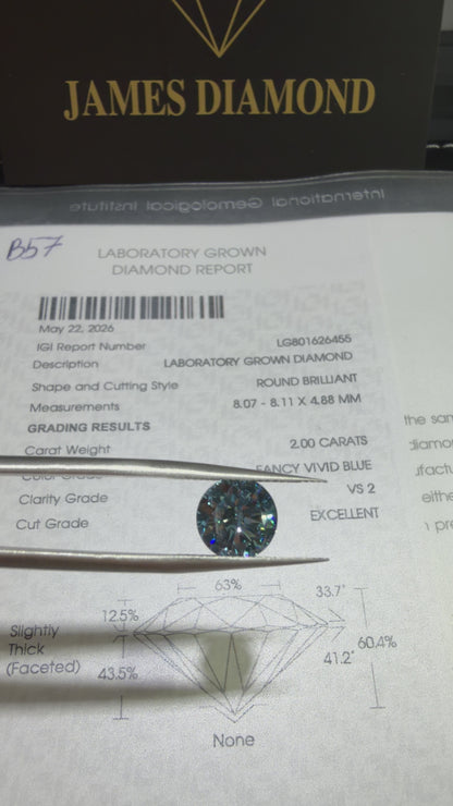 2.00ct Round Brilliant Lab Grown Diamond (Fancy Vivid Blue, VS2, IGI Certified)
